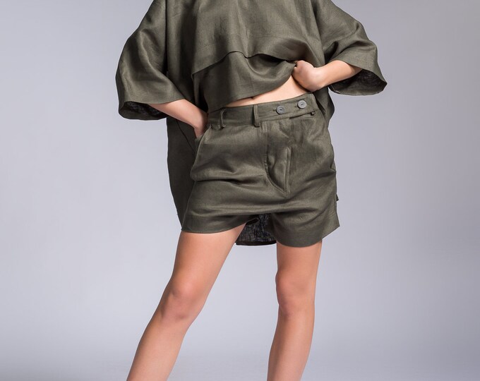 Summer Linen Shorts ,Plus Size Linen Shorts with  pockets ,Twisted Baggy Linen Shorts A05460