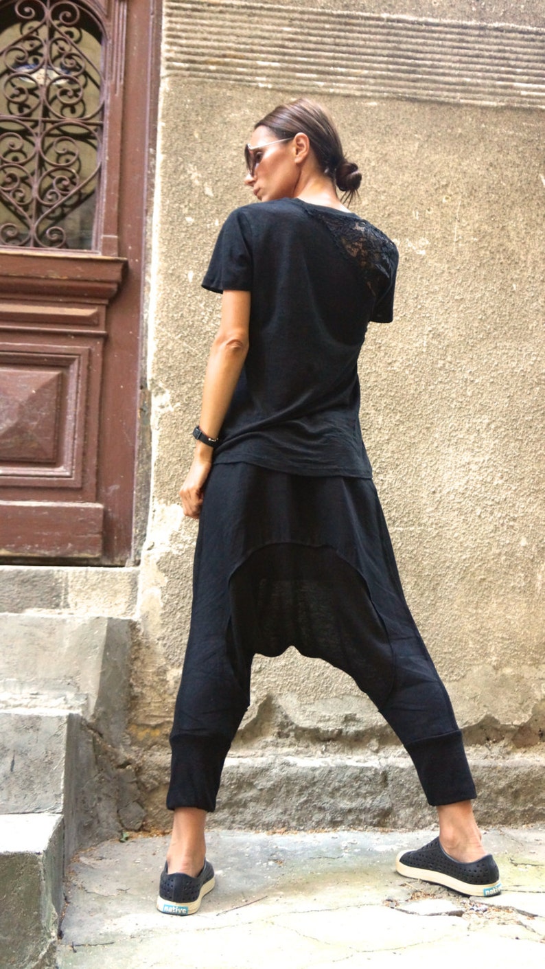 NEW Loose Casual Black Drop Crotch Linen Knit Harem Pants / Extravagant Black Pants by AAKASHA A05167 zdjęcie 5