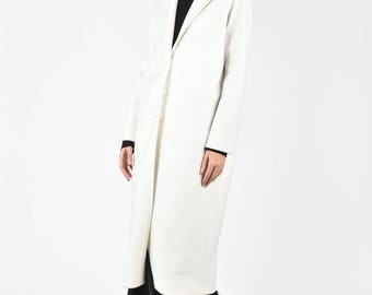 White Cashmere Wool Maxi Coat, Lined ,Long Sleeves Side Pockets A07714