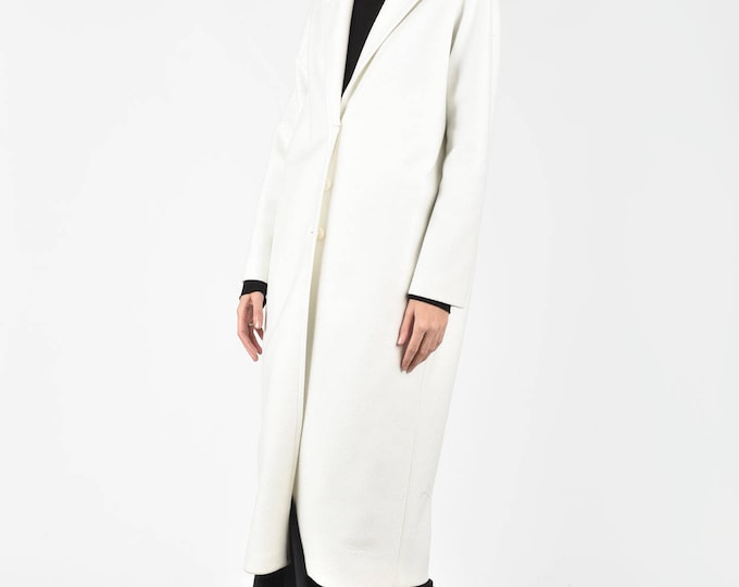 NEW Winter White Single button cashmere coat /Side Pockets Maxi Coat /HandMade by Aakasha A07714