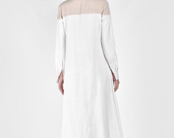 Maxi White Linen Shirt Dress Long Sleeves White Shirt by AAKASHA