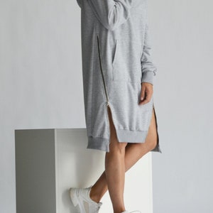 Plus Size Cotton Hoodie ,Extra Long Hooded  Dress , Zipper Sweatshirt A08895