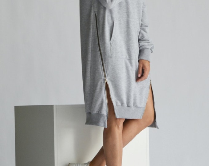 Plus Size Cotton Hoodie ,Extra Long Hooded  Dress , Zipper Sweatshirt A08895