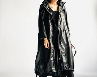 Black Waterproof Zipper Hooded Raincoat With Zipper Shield