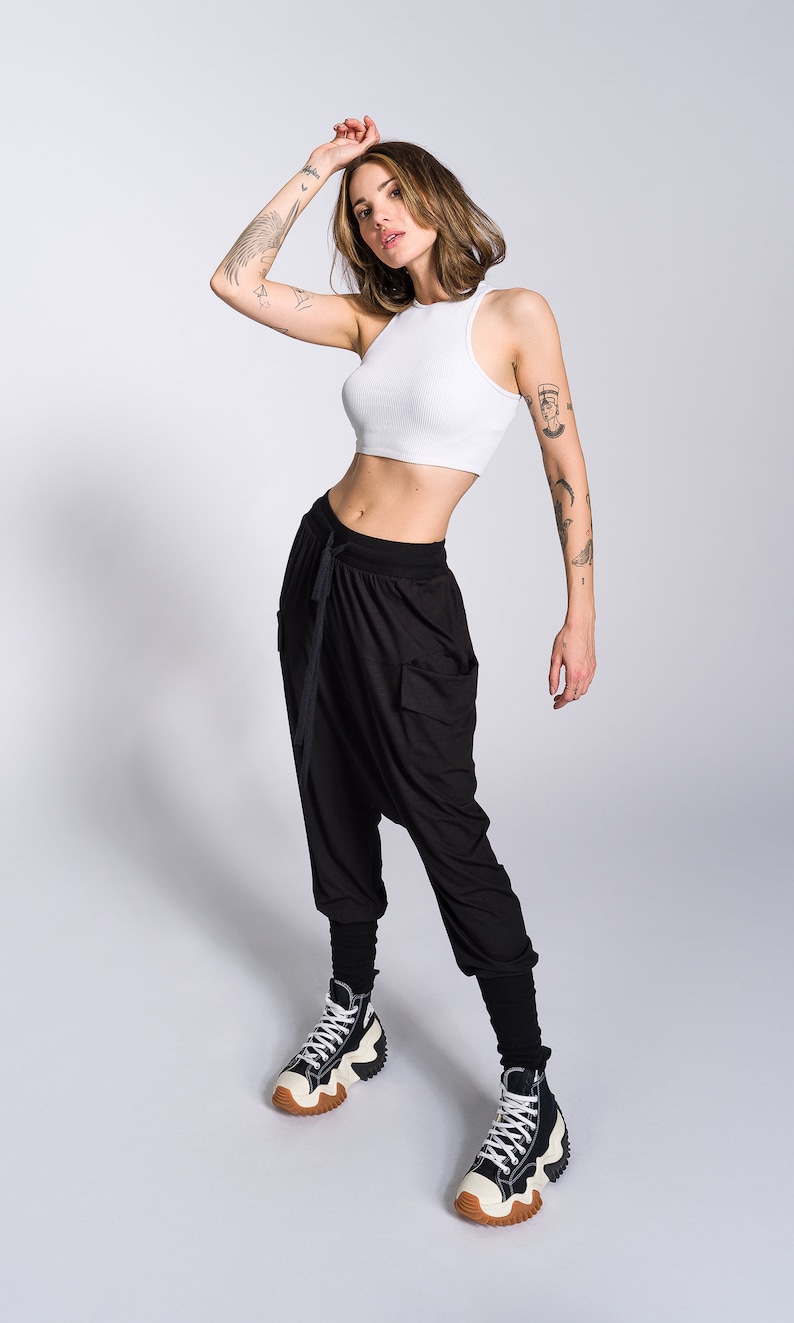 Loose Drop Crotch Pants with Ribbed Cuffs image 1