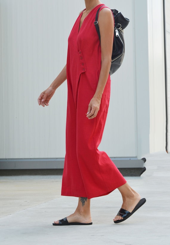 Wrap Linen Jumpsuit, Elegant Summer Romper, OEKO-TEX Certified Side Pockets