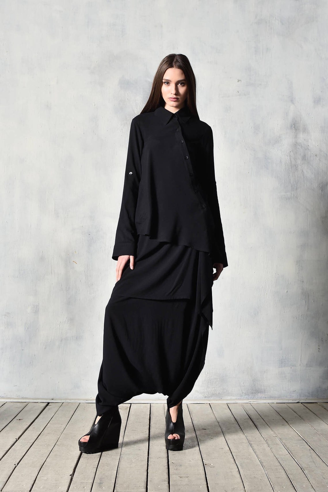 New Asymmetric Buttoned Black Long Sleeve Viscose Textiled | Etsy