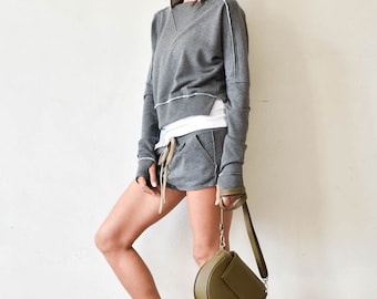 Handmade Asymmetrical Hooded Sweatshirt, French Terry Cotton Cropped Top