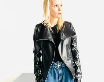 NEW Collection Extravagant Black Genuine Leather Coat / YKK  Zippers / sided  pockets by AAKASHA A90738