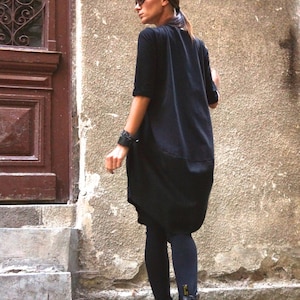 Plus Size Linen Cotton Loose Casual Top, Linen Cotton Top, Extravagant Tunic, Black Dress 3/4 sleeves A02152
