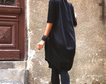 Nuova COLLEZIONE Top casual ampio nero oversize / Top in cotone e lino / Tunica stravagante / Abito nero maniche a 3/4 A02152