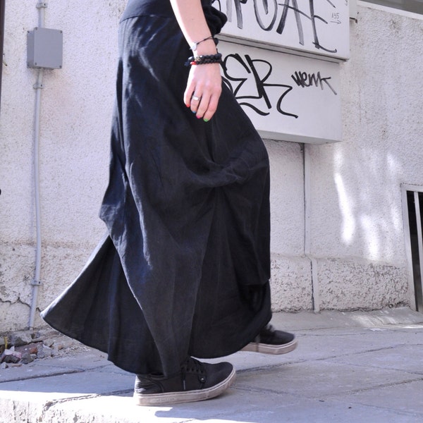 NEW  Black Linen Maxi Skirt /  Extravagant Long  Skirt / Stripe less Spring /Summer Dress A09118