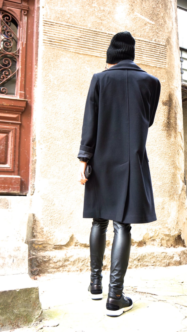 Wool Blend Black Coat, Belted Winter Jacket Lined image 3