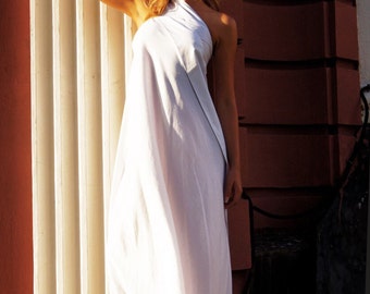 Wedding White Linen Boho Maxi i Dress, One Shoulder Kaftan Gown One Side Pocket