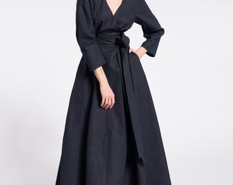 Linen Maxi Wrap Dress with Belt and Pockets, Bohemian Summer Dress A92366