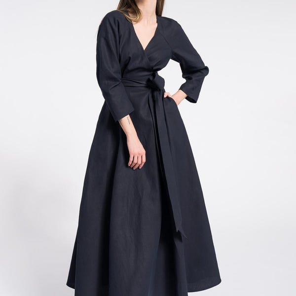 Linen Maxi Wrap Dress with Belt and Pockets, Bohemian Summer Dress A92366