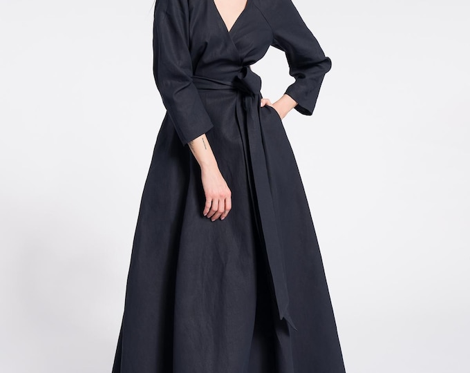 Maxi  linen wrapped dress with belt and pockets , Summer Dress, Party dress , Bohemian Flowing Dress A92366