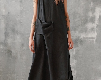 Plus Size Linen Jumpsuit, Asymmetric Oversized Romper, OEKO-TEX Certified Side Pockets