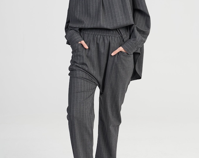 Grey Strip pants , Elastic waist band pants , Pants with pockets, within wool striped grey pants