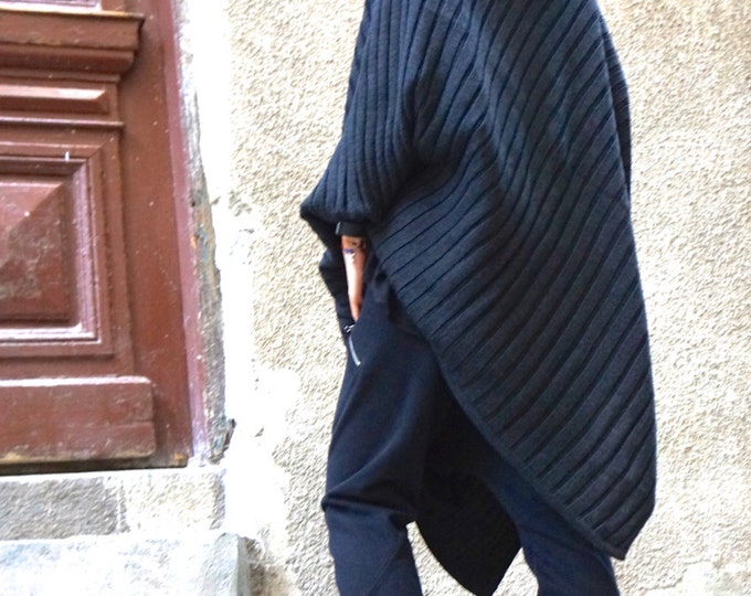 Hooded Knit Poncho /  Extravagant Fully Knit  Asymmetric Hoodie   Wool Warm  Top Oversized Top  A08056