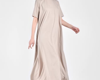 Plus Size Beige Maxi Dress, Elegant Kaftan with Side Pockets and Relaxed Fit A03137