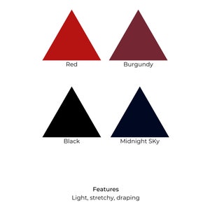 May include: Four fabric swatches in the shape of triangles, showing the colors red, burgundy, black, and midnight blue. The fabric is described as Lycra, light, stretchy, and draping. The fabric is 90% polyamide and 10% Lycra. Care instructions include machine wash at 30 degrees Celsius, low heat iron, gentle cycle tumble dry, and dry cleanable. The text "AAKASHA" is at the bottom of the image.