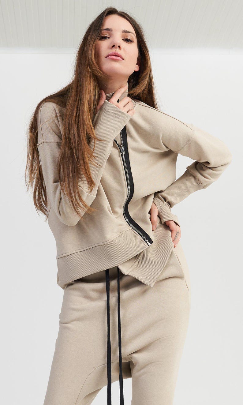 Katoenen sweater met asymmetrische ritssluiting, mouwen met duimgat A92214 afbeelding 2