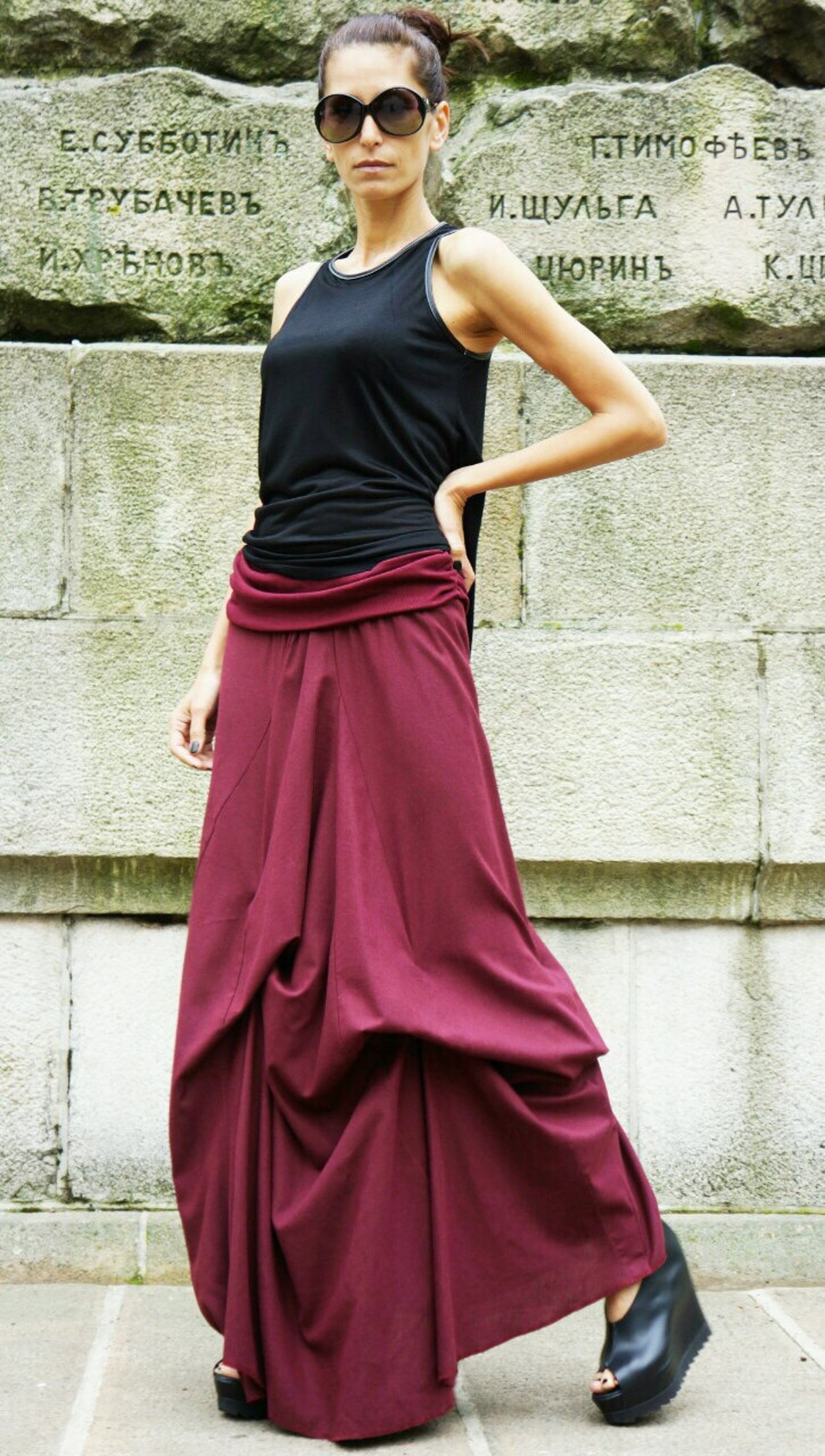 burgundy long skirt outfit