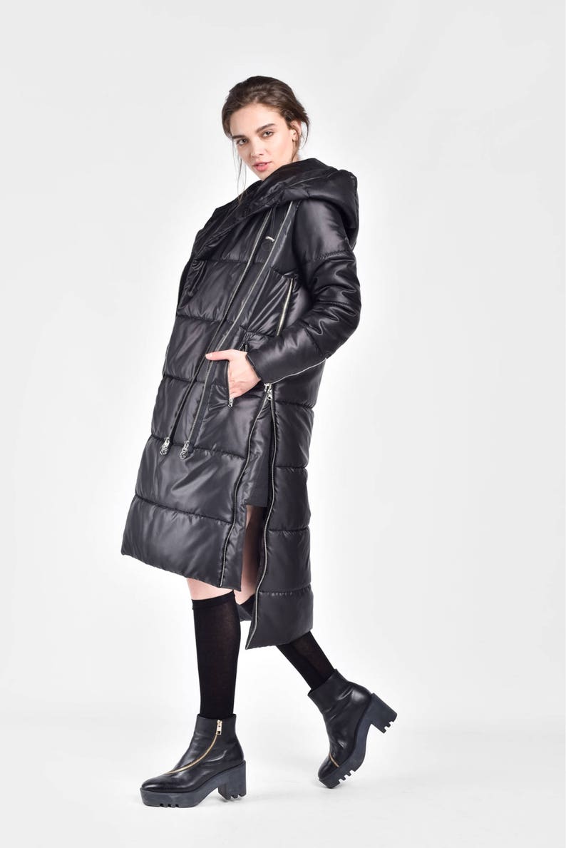 NEW Winter Coat Asymmetric Black Quilted Hooded Coat by Aakasha A20629 image 4