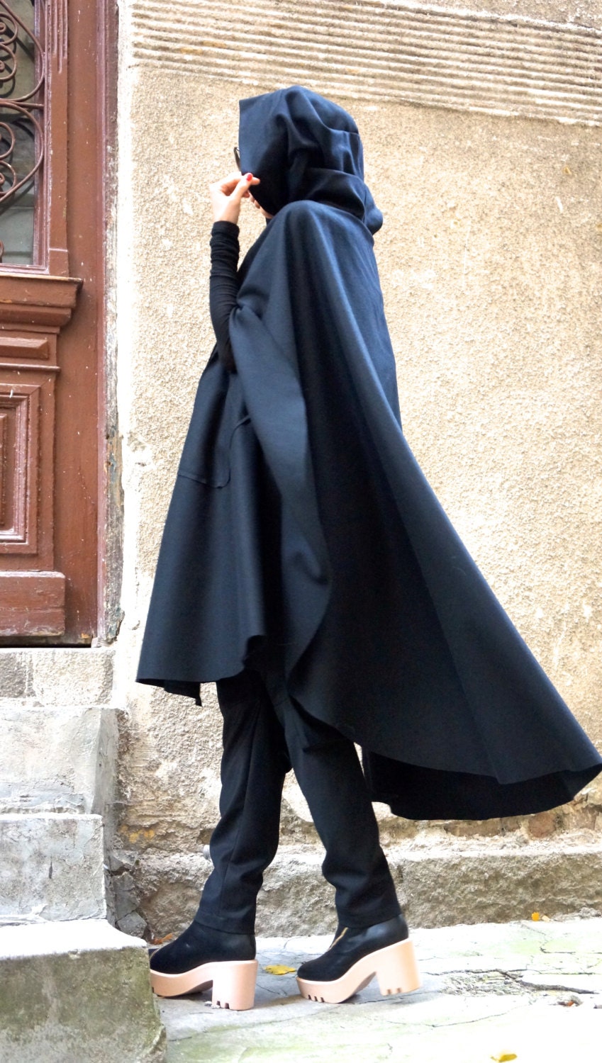 New Womens Hooded Cape Coat Caremere Blend Cloak Full Length cape casual  outwear