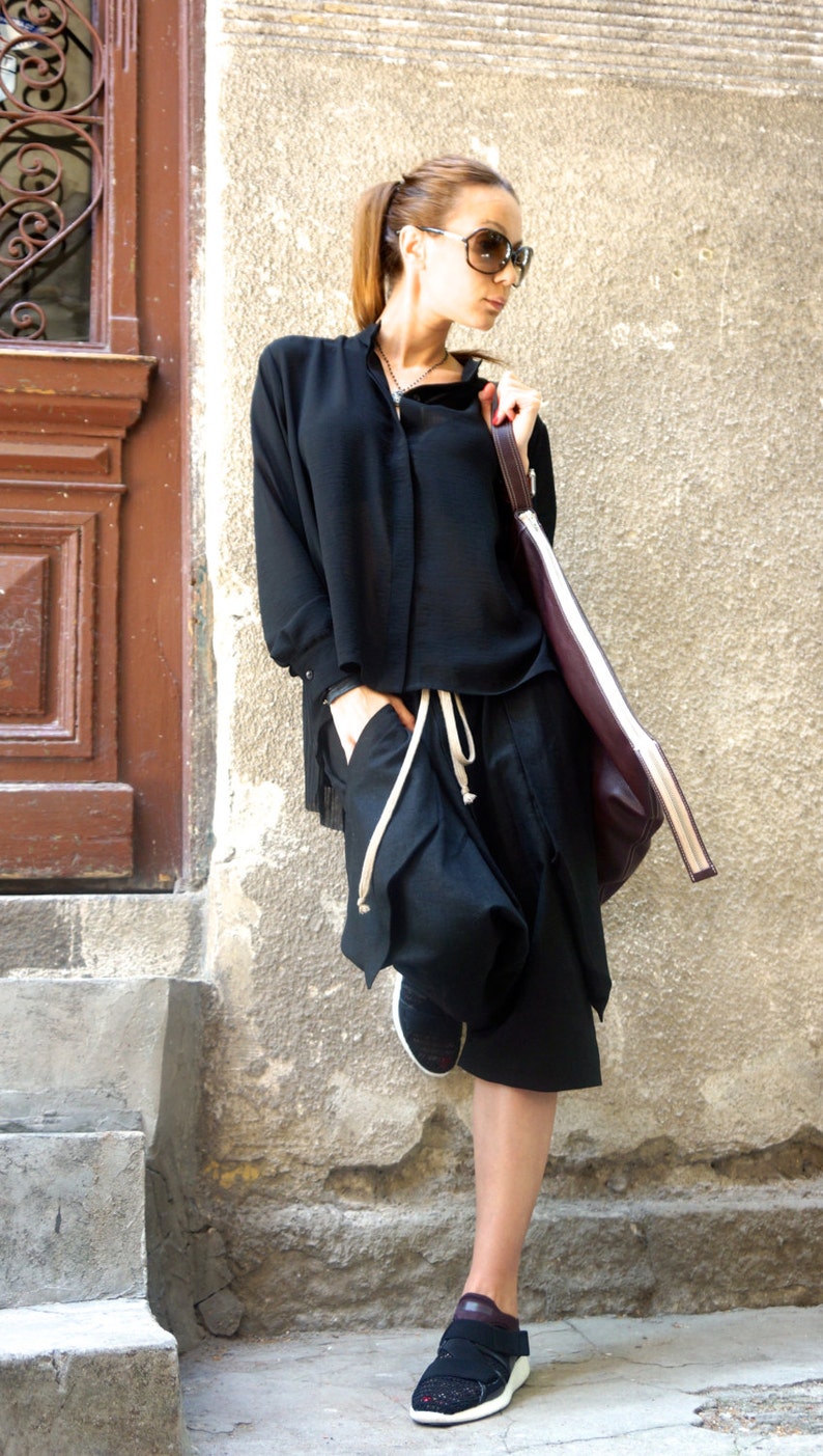 NEW SS16 Loose Casual Black Drop Crotch Linen Harem Pants Extravagant Black Pants with Large Pockets by AKASHA A05462