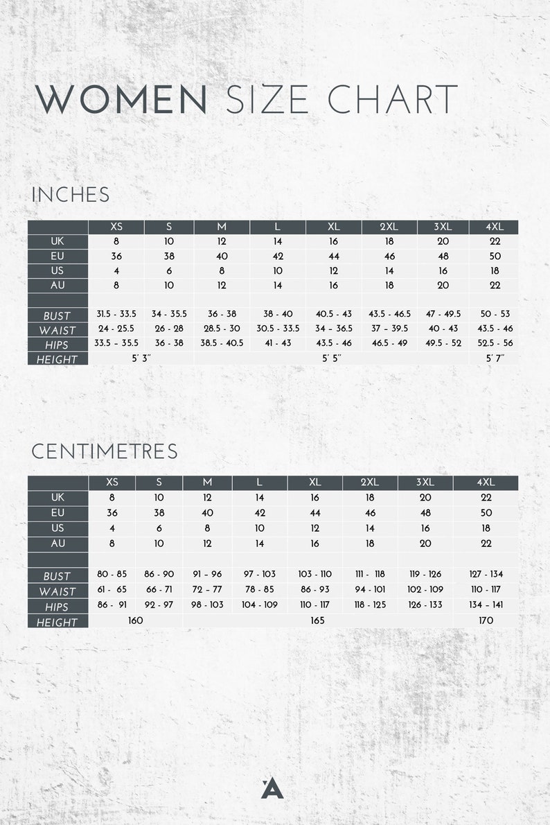 Op de afbeelding: Een maattabel voor dames met maten in inches en centimeters. Maten vari&euml;ren van XS tot 4XL, met maten voor UK, EU, US en AU. Inclusief borst-, taille-, heup- en hoogtematen.