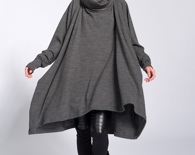 Asymmetric Detachable Collar Knit Tunic, Oversized High Neck Knit Top A08319