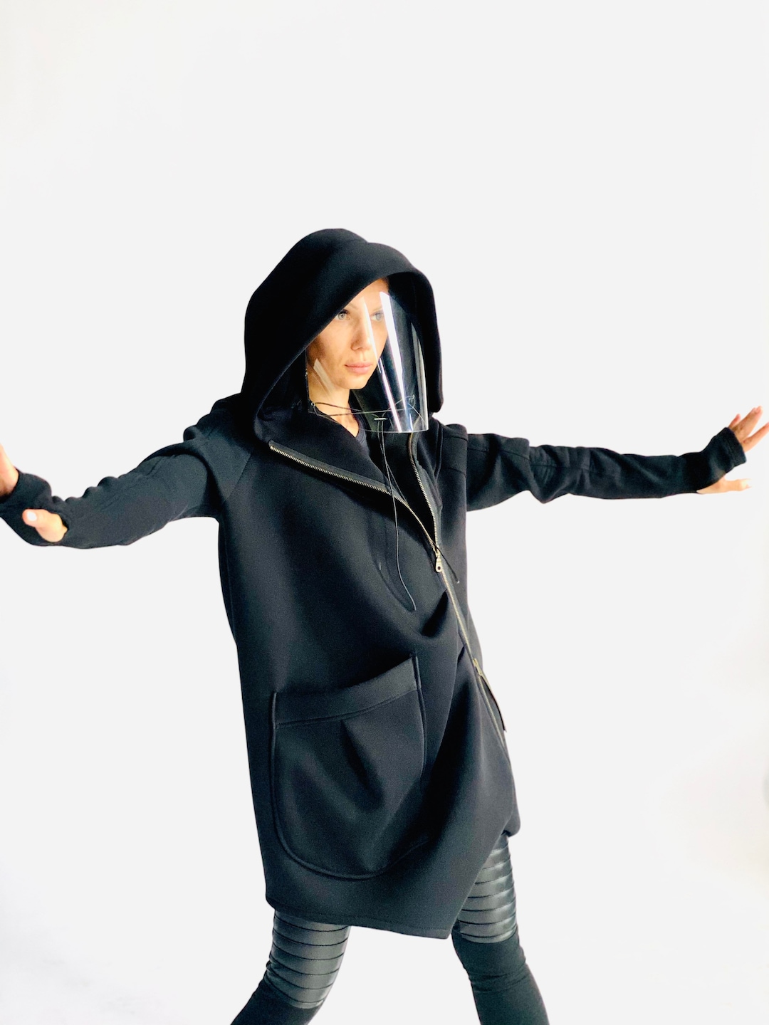Black Hooded Asymmetric Coat, Zipper Shield & Thumb Holes Big