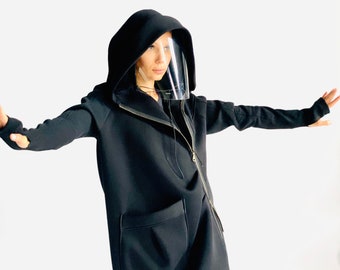 Black Hooded Asymmetric Coat, Zipper Shield & Thumb Holes Big Front Pocket