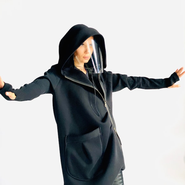 Lined Warm Asymmetric Extravagant Black Hooded Coat / Zipper Shiled Quilted Lined Cotton Jacket / Thumb Holes / Outside and Inside pockets