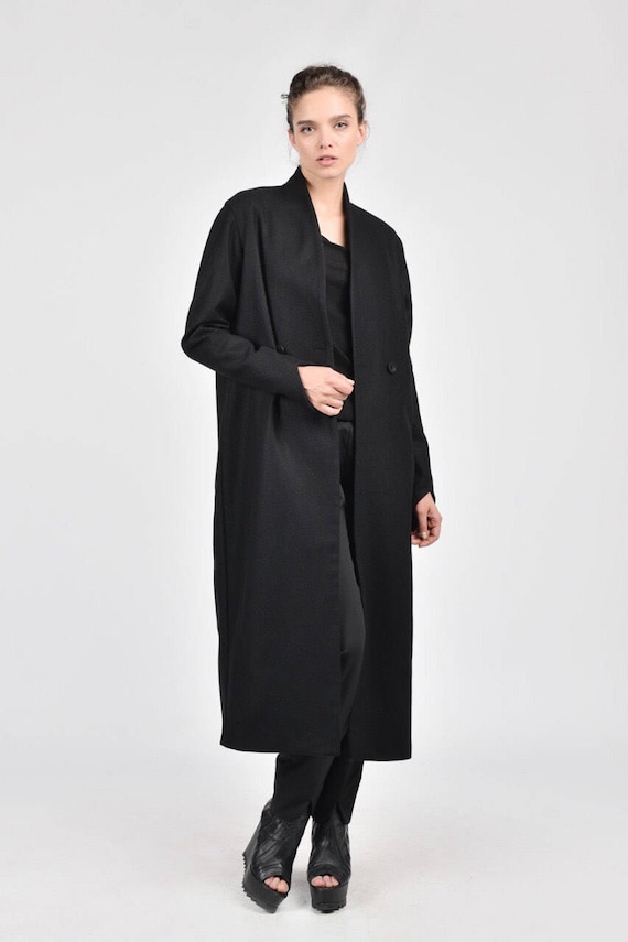 Winter Lined Black Coat / Side Pockets / Bodycon Wool  Coat / Extravagant Asymmetric Sleeves /HandMade by Aakasha A07678