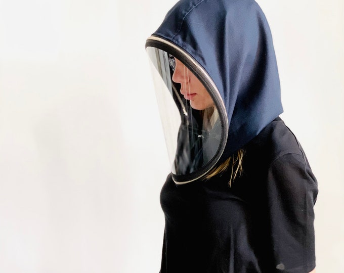 Linen Zipped Hooded Shield, Full Face Covering With polycarbonate Shiled ,Face protective Shield ,Linen Hood Anti-fog Spray  hood by Aakasha