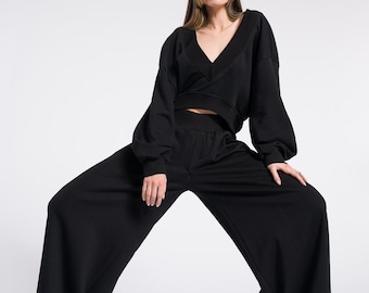 V neck crop top  with  Wide Leg Pants Set , Cotton casual  SET ,