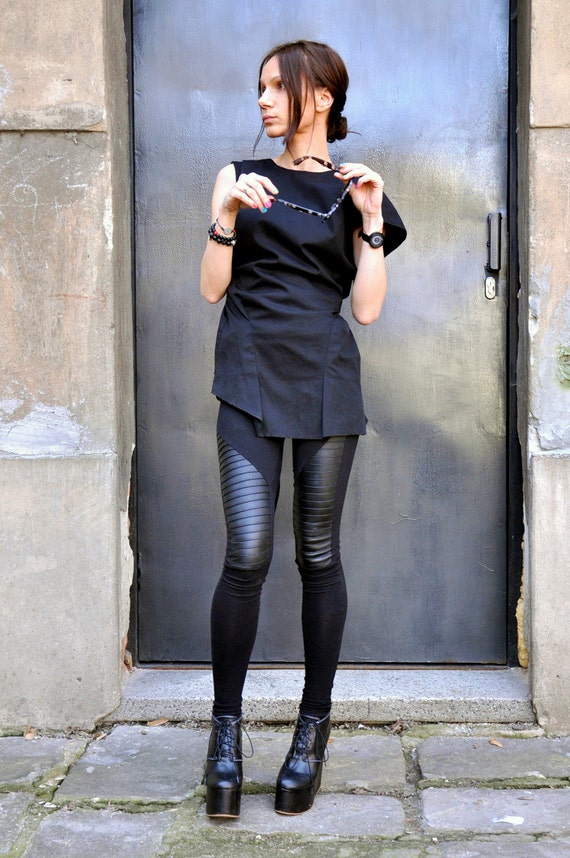 NEW COLLECTION Black Extra Long Leggings / Genuine Leather Front / Viscose  Back by Aakasha A05125 