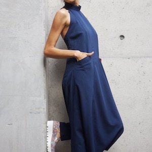 Navy Drop Crotch Jumpsuit, Ärmelloser Racer Back Party Jumpsuit Seitentaschen
