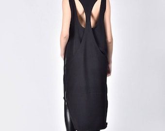 New  Maxi Black Racer Back Dress / Cotton Extravagant side zipper dress /Racer Back Tunic Dress with pockets A03718