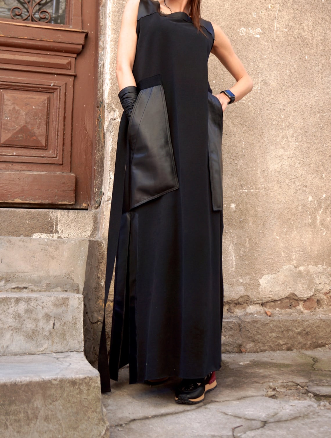 New Maxi Dress / Black Kaftan Cotton Dress /leather Side | Etsy