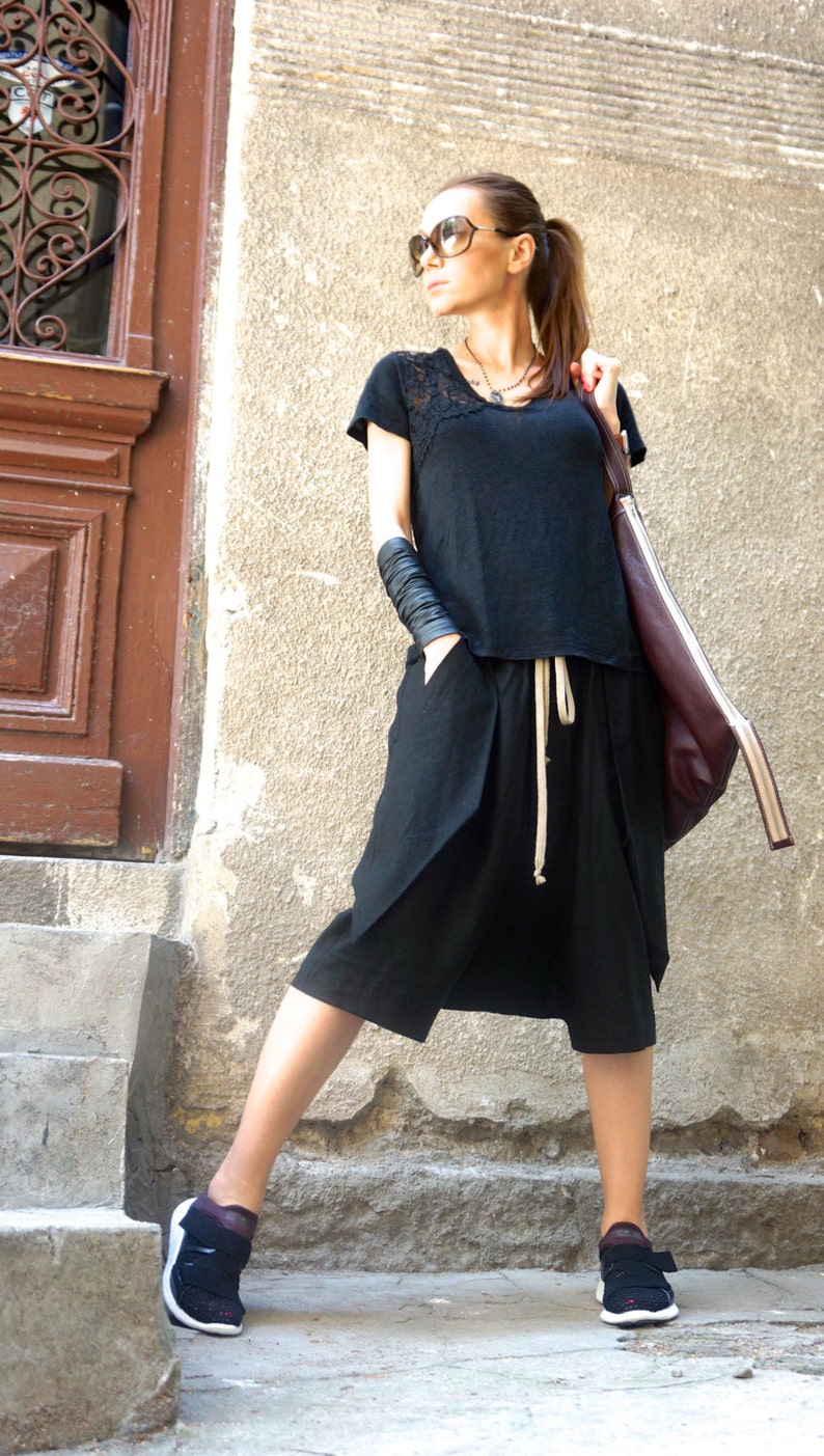 NEW SS16 Loose Casual Black Drop Crotch Linen Harem Pants Extravagant Black Pants with Large Pockets by AKASHA A05462