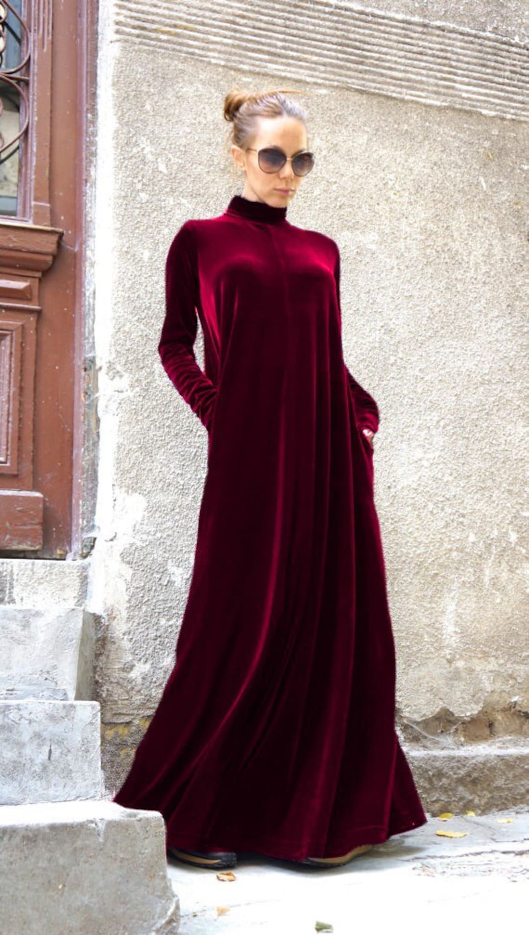 Velvet Maxi Dress, Deep Burgundy Kaftan with Turtleneck Side Pockets