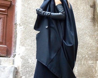 Autumn Winter Asymmetric Extravagant Black Unique Sleeveless Coat  Wool Blend Large Pockets Coat by AAKASHA A07516