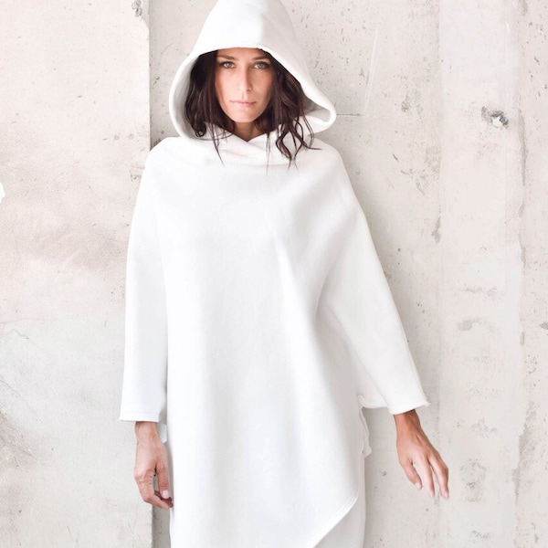 New Hooded Romantic Poncho /  Extravarant Off White Asymmetric Hoodie / Cotton Hooded Top/ Oversized by AAKASHA A07583