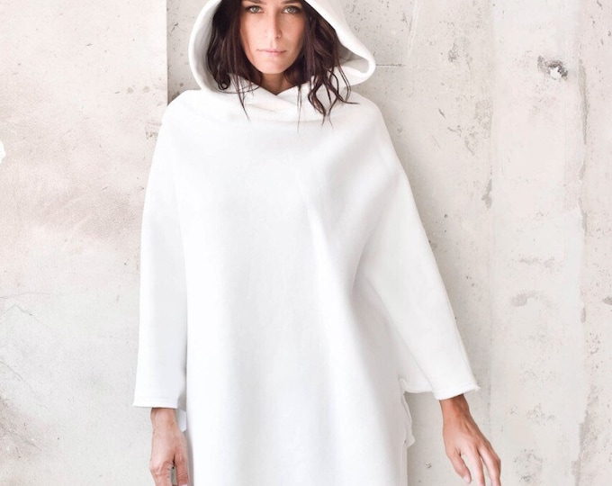 New Hooded Romantic Poncho /  Extravarant Off White Asymmetric Hoodie / Cotton Hooded Top/ Oversized by AAKASHA A07583