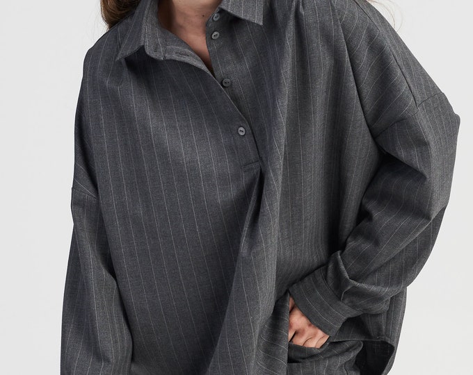 Loose Wide Striped shirt , Grey Chalk Stripe Shirt with shoulder drapes , Virgin  Wool Oversized  Shirt by Aakasha