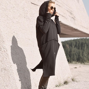New Black Extravarant Maxi Zipper Hoodie / French Terry Cotton / Side Pockets Jacket by Aakasha A08604